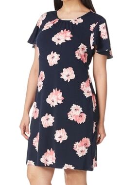 US2🌸Tommy Hilfiger Black Midi Dress with Pink Floral Print